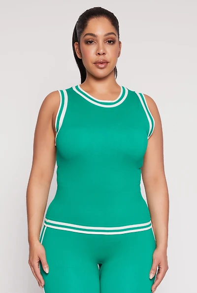 Womens Plus Seamless Varsity Stripe Trim Tank Top, 1X-2X