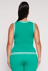 Womens Plus Size Seamless Varsity Stripe Trim Tank Top, Green, Size 1X-2X