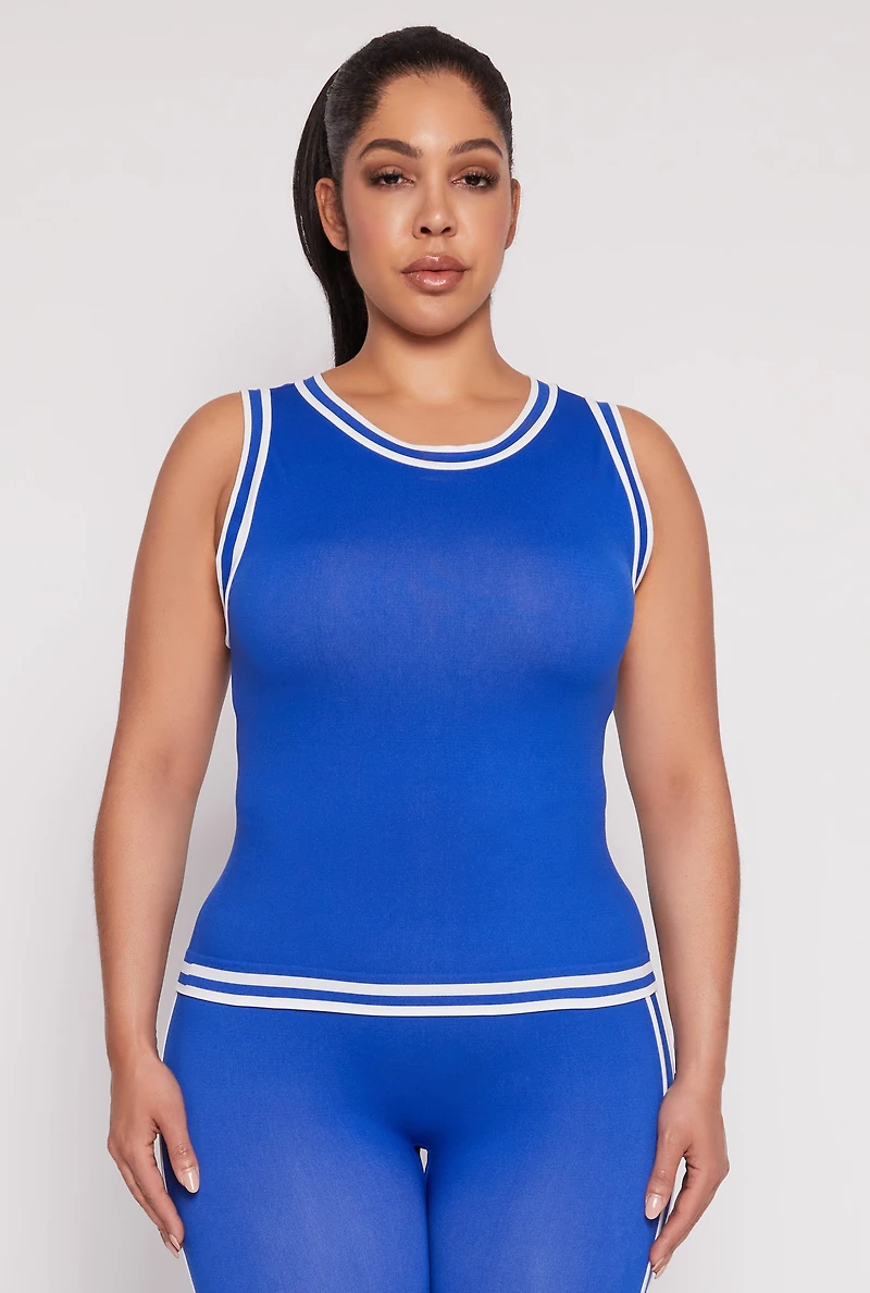 Womens Plus Size Seamless Varsity Stripe Trim Tank Top, Blue, Size 1X-2X