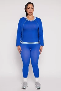Womens Plus Size Seamless Varsity Stripe Trim Tank Top, Blue, Size 1X-2X