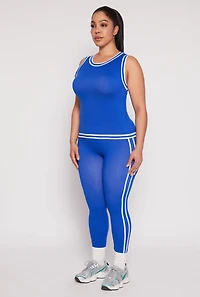 Womens Plus Size Seamless Varsity Stripe Trim Tank Top, Blue, Size 1X-2X