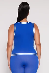 Womens Plus Size Seamless Varsity Stripe Trim Tank Top, Blue, Size 1X-2X