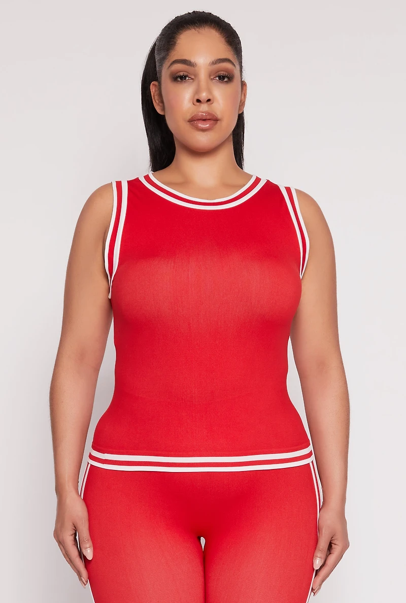 Womens Plus Size Seamless Varsity Stripe Trim Tank Top, Red, Size 1X-2X