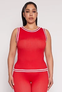 Womens Plus Size Seamless Varsity Stripe Trim Tank Top, Red, Size 1X-2X