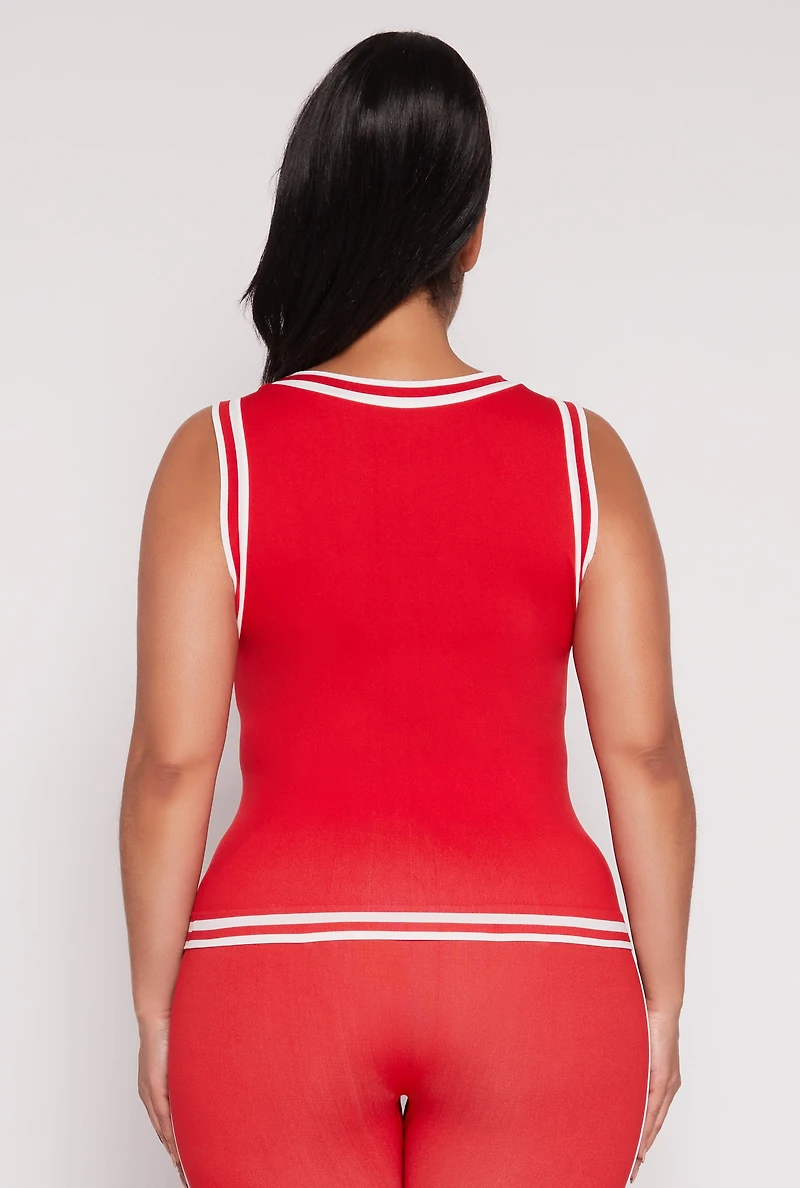 Womens Plus Size Seamless Varsity Stripe Trim Tank Top, Red, Size 1X-2X