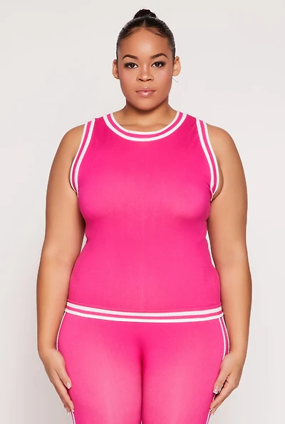 Womens Plus Size Seamless Varsity Stripe Trim Tank Top, Pink, Size 1X-2X