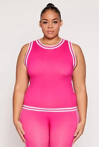 Womens Plus Size Seamless Varsity Stripe Trim Tank Top, Pink, Size 1X-2X