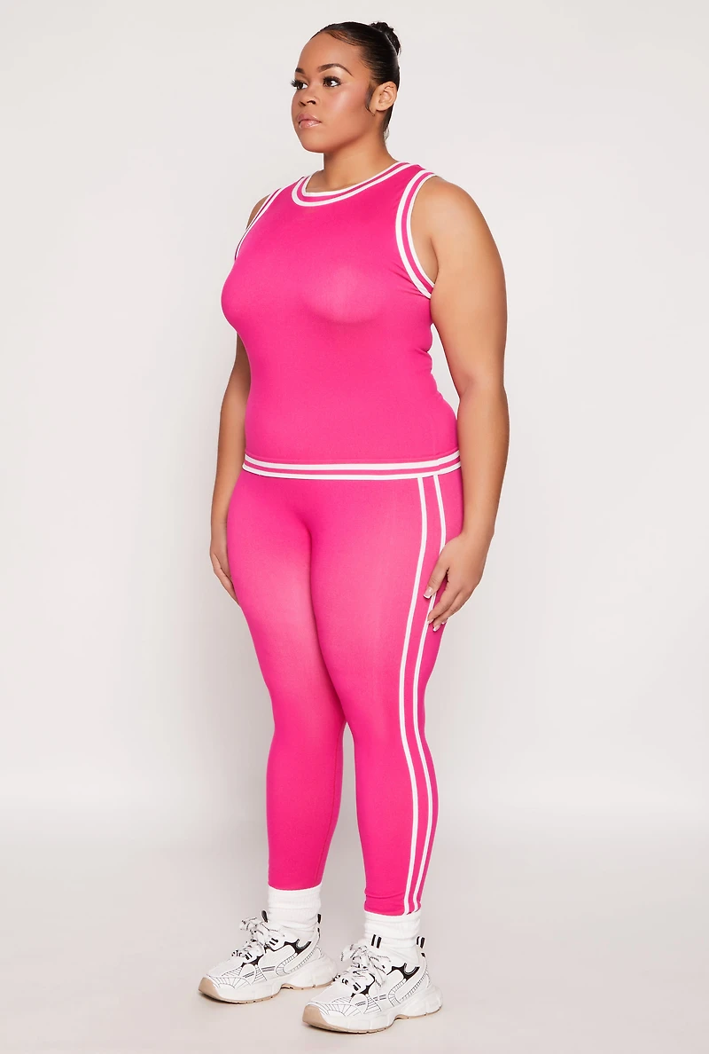 Womens Plus Size Seamless Varsity Stripe Trim Tank Top, Pink, Size 1X-2X