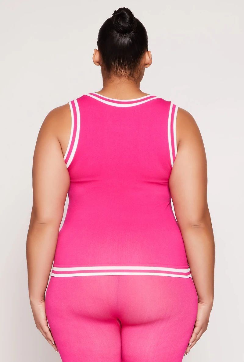 Womens Plus Size Seamless Varsity Stripe Trim Tank Top, Pink, Size 1X-2X