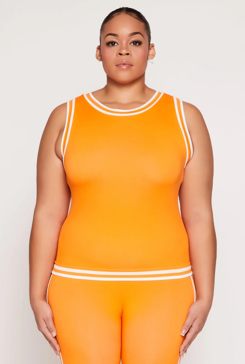 Womens Plus Seamless Varsity Stripe Trim Tank Top, 1X-2X