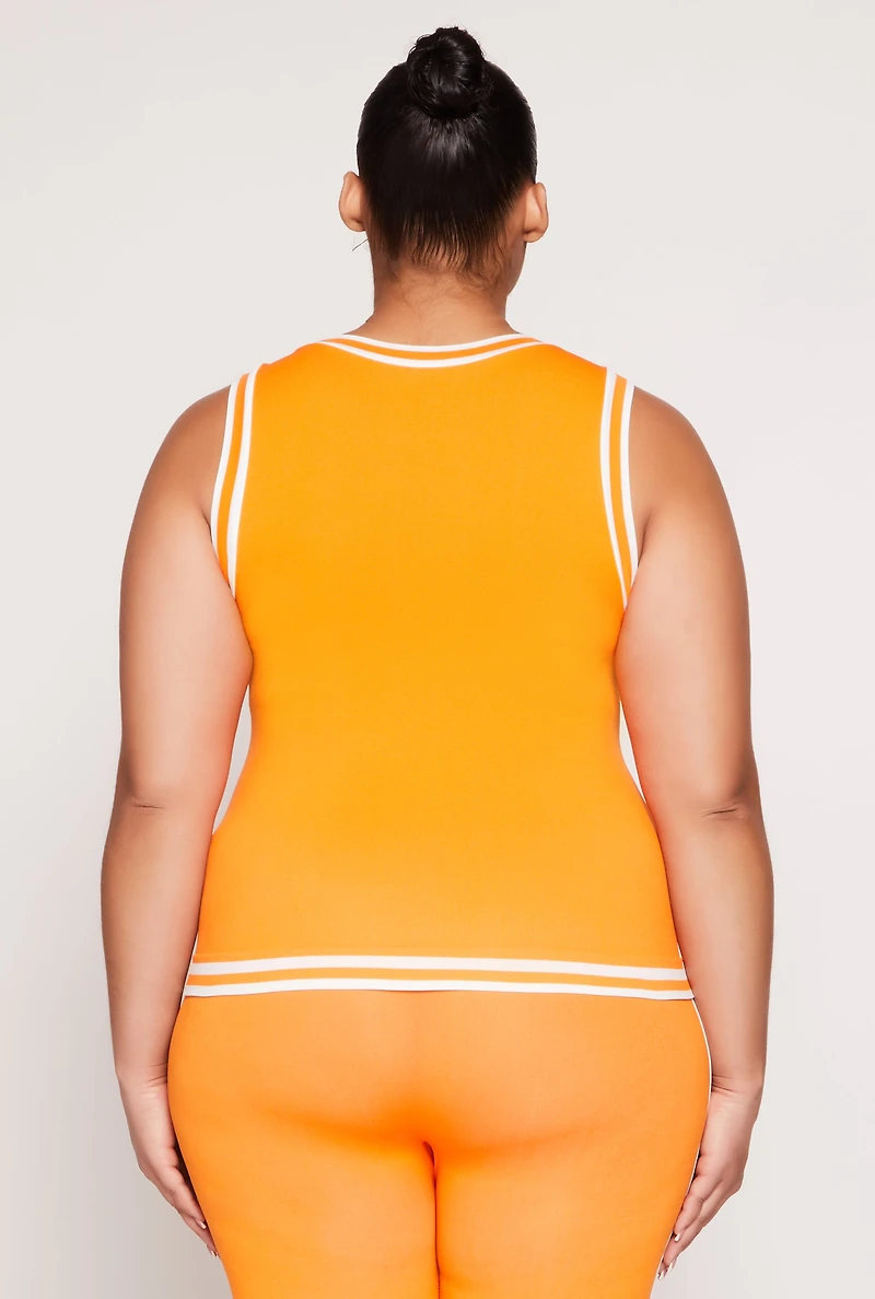 Womens Plus Seamless Varsity Stripe Trim Tank Top, Orange,