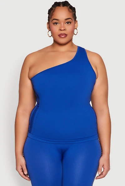 Womens Plus Size Laser Cut Side One Shoulder Top, Blue, Size 1X-2X