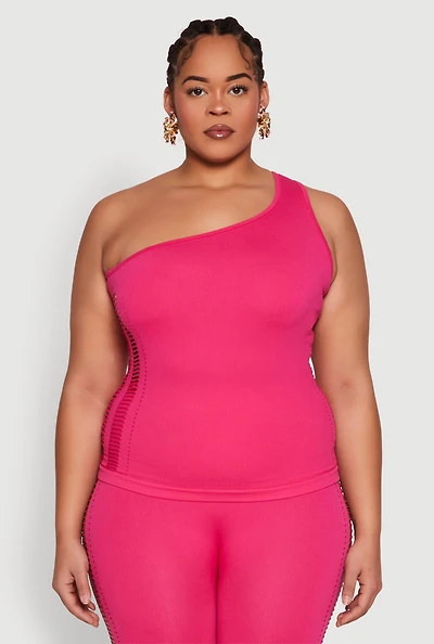 Womens Plus Size Laser Cut Side One Shoulder Top, Pink, Size 2X-3X