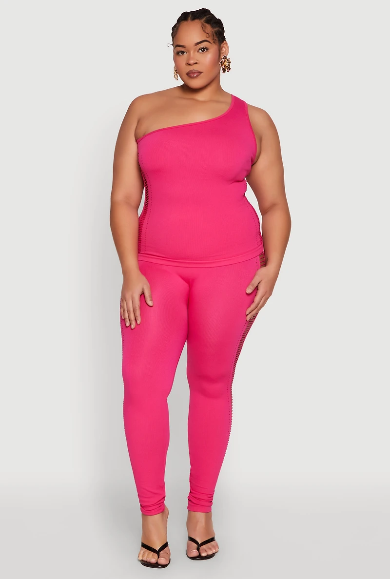 Womens Plus Size Laser Cut Side One Shoulder Top, Pink, Size 2X-3X
