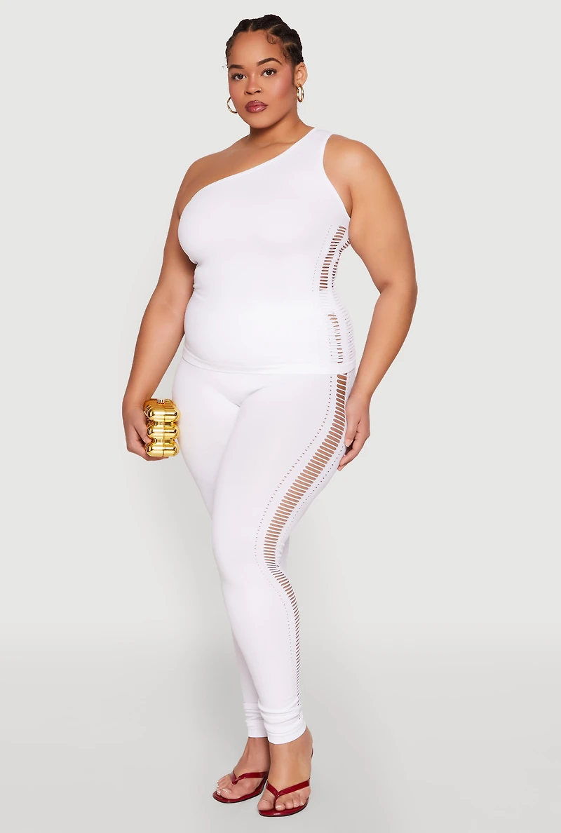 Womens Plus Size Laser Cut Side Leggings, White, Size 2X-3X