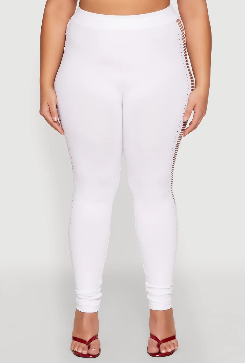 Womens Plus Size Laser Cut Side Leggings, White, Size 1X-2X