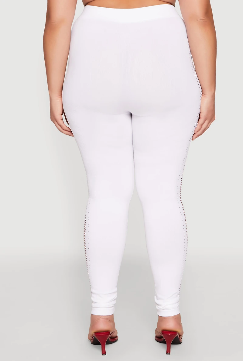 Womens Plus Size Laser Cut Side Leggings, White, Size 2X-3X