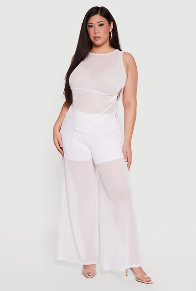 Plus High Waisted Wide Leg Mesh Pants