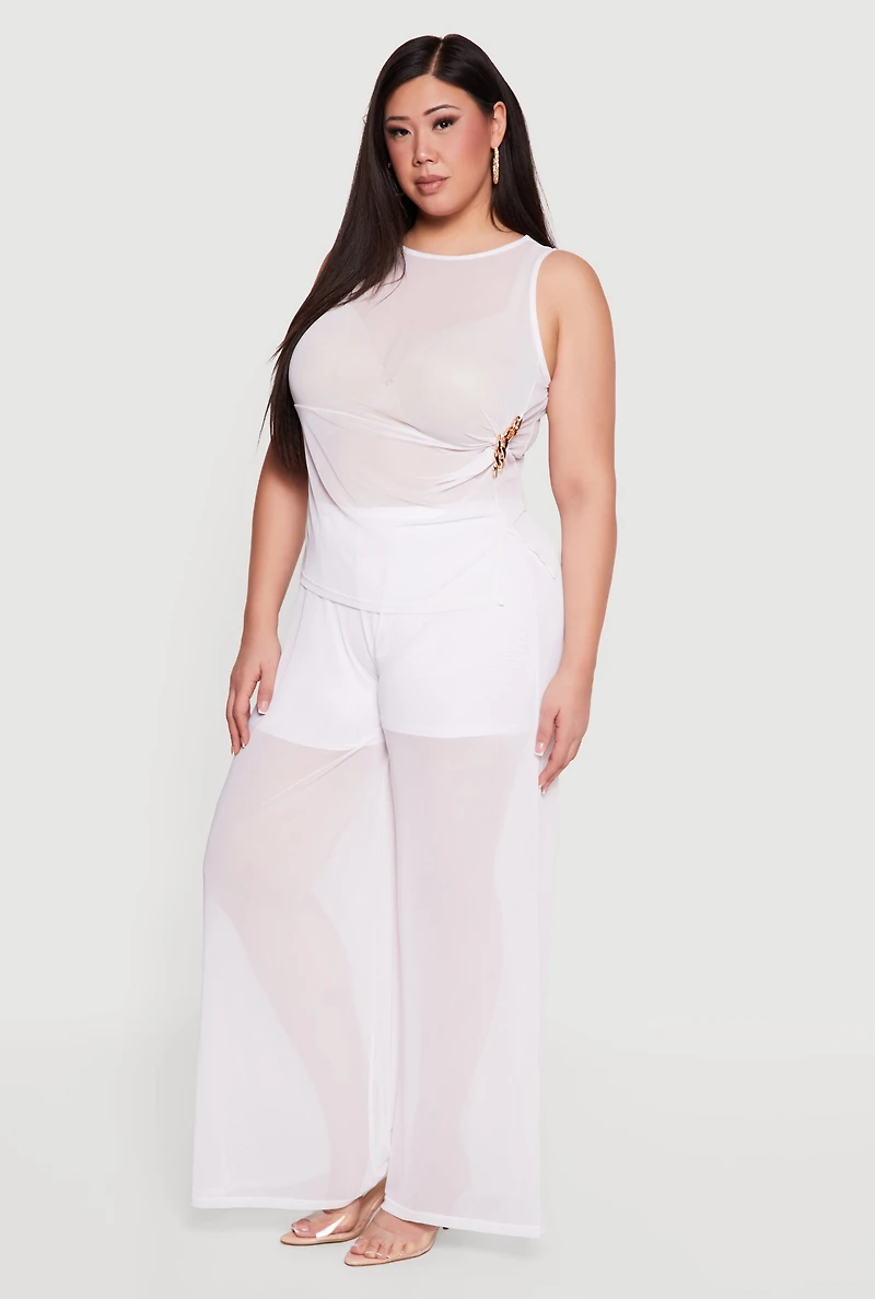 Plus High Waisted Wide Leg Mesh Pants