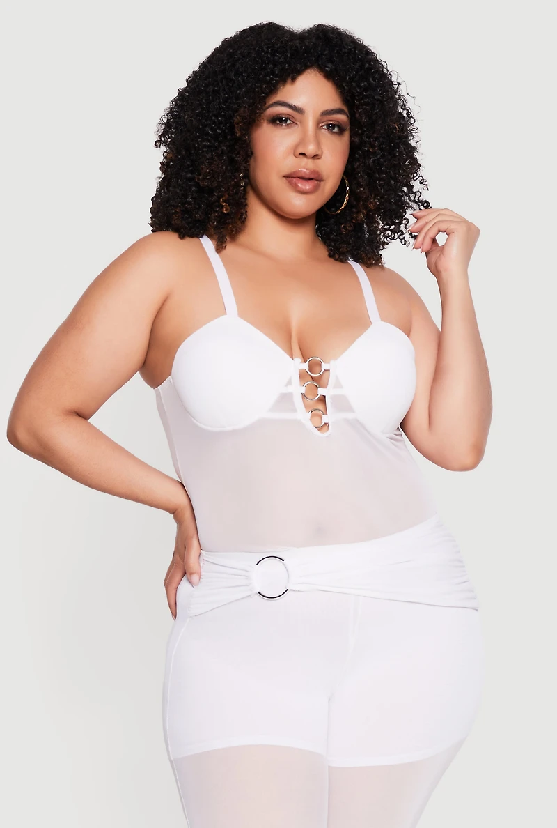 Plus Metallic O Ring Mesh Sweetheart Neckline Top