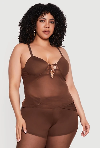 Plus Metallic O Ring Mesh Sweetheart Neckline Top