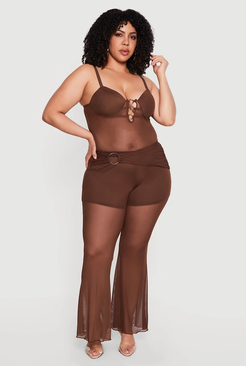 Plus Metallic O Ring Mesh Sweetheart Neckline Top