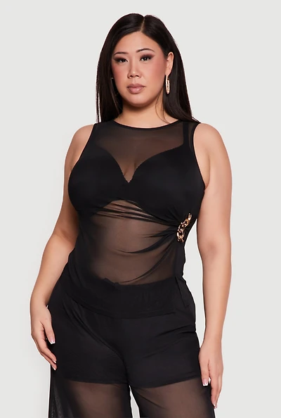 Plus Sleeveless Ruched Mesh Top with Chain Link Detail