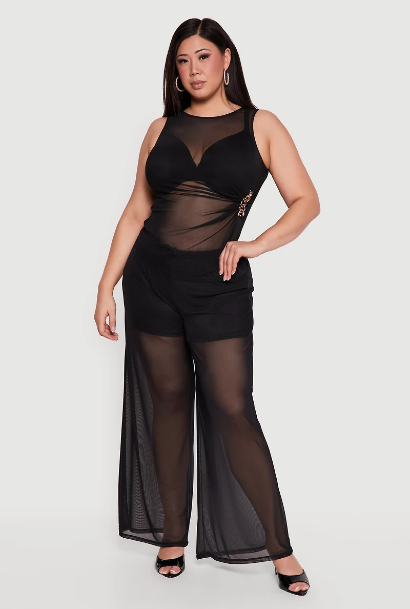 Plus Sleeveless Ruched Mesh Top with Chain Link Detail