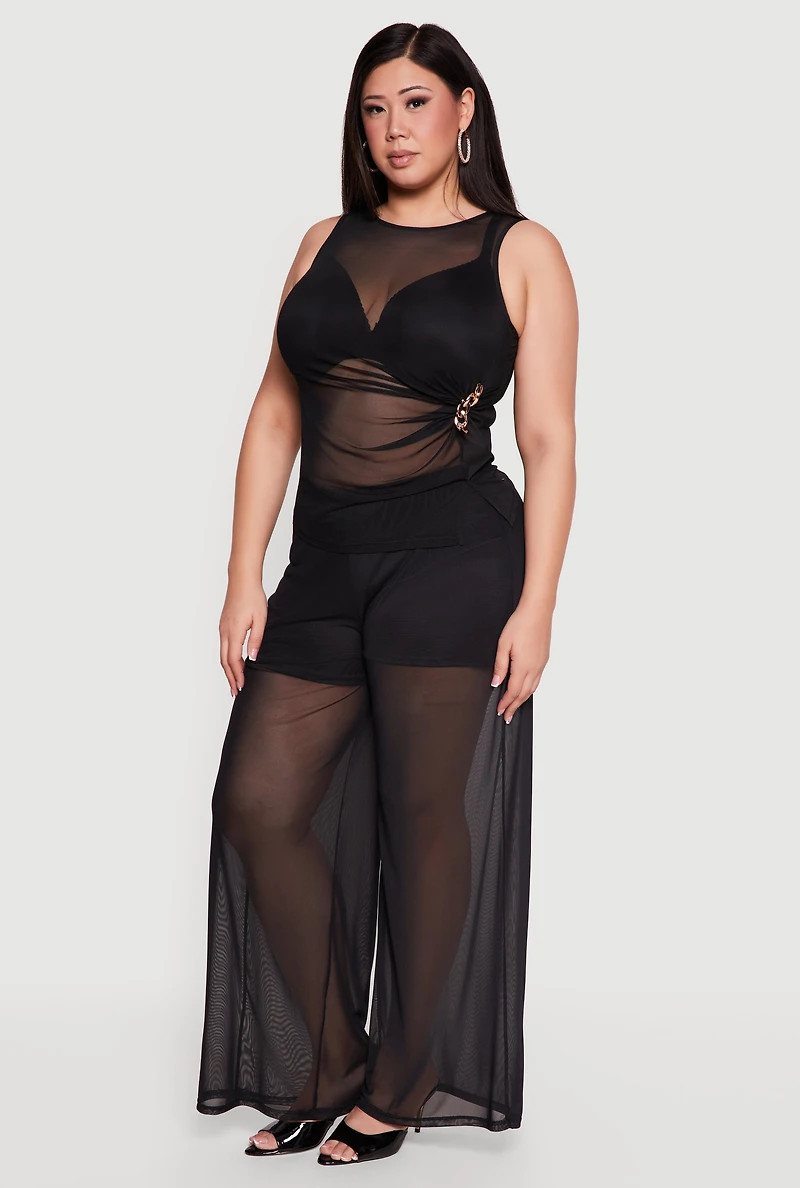 Plus Sleeveless Ruched Mesh Top with Chain Link Detail