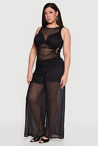 Plus Sleeveless Ruched Mesh Top with Chain Link Detail