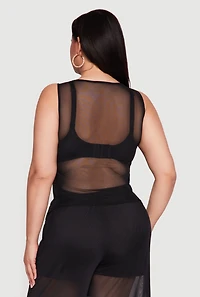 Plus Sleeveless Ruched Mesh Top with Chain Link Detail