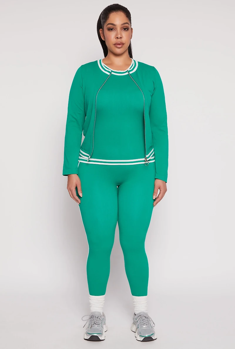 Womens Plus Size Seamless Varsity Stripe Track Jacket, Green, Size 1X-2X