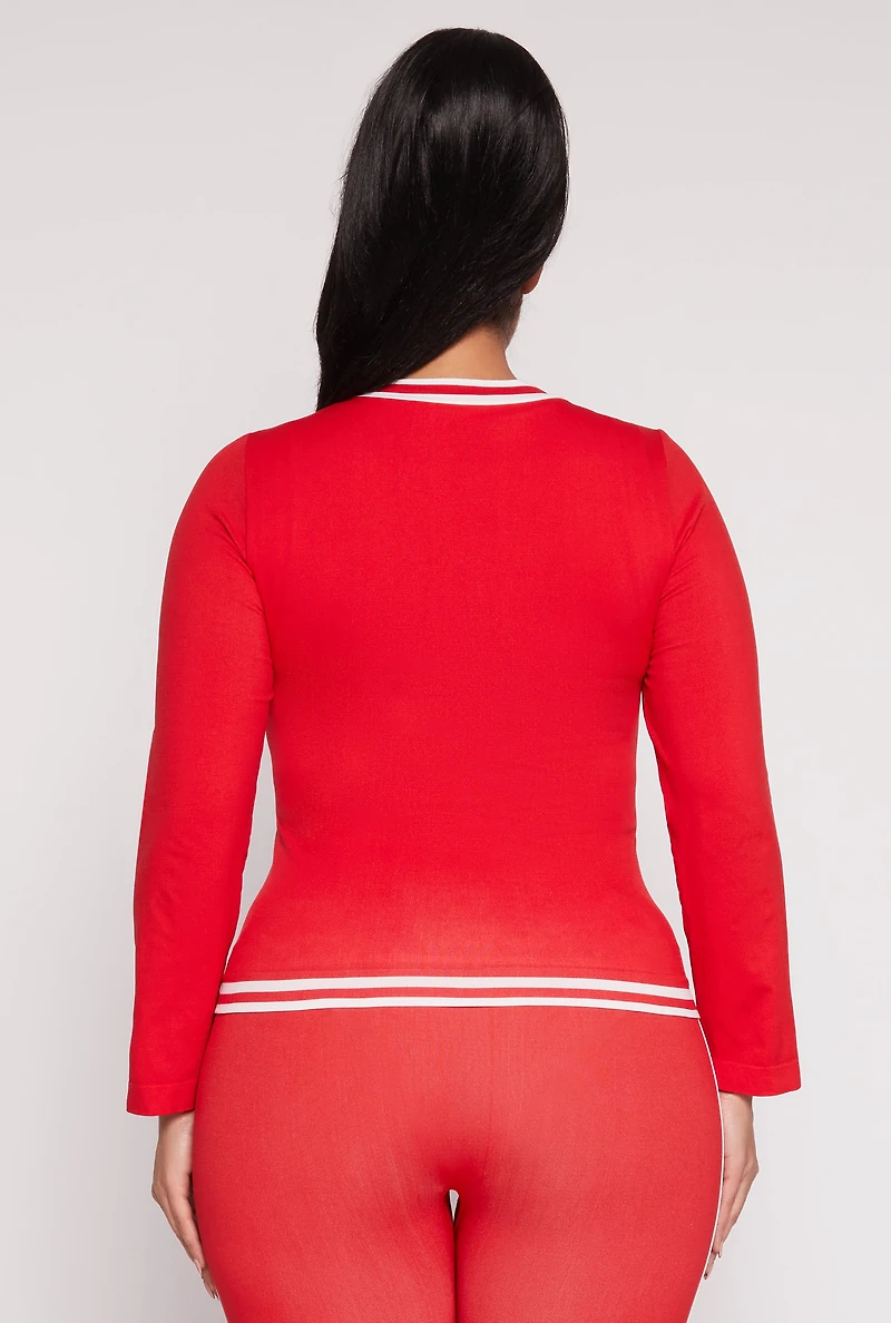 Womens Plus Size Seamless Varsity Stripe Track Jacket, Red, Size 1X-2X