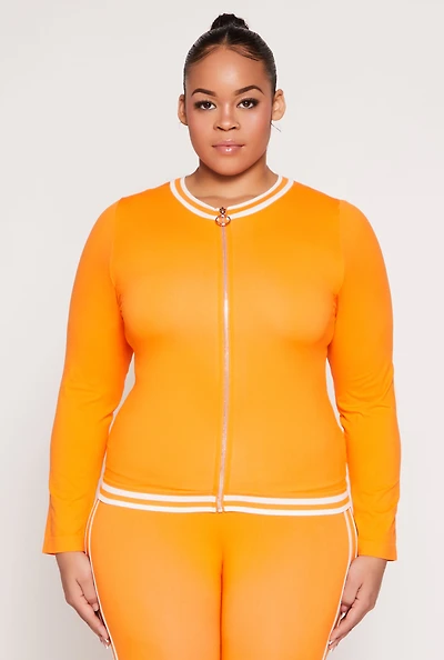 Womens Plus Size Seamless Varsity Stripe Track Jacket, Orange, Size 1X-2X