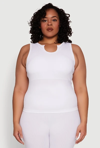 Womens Plus Size Seamless Ribbed Notch Neck Tank Top, White, Size 1X-2X