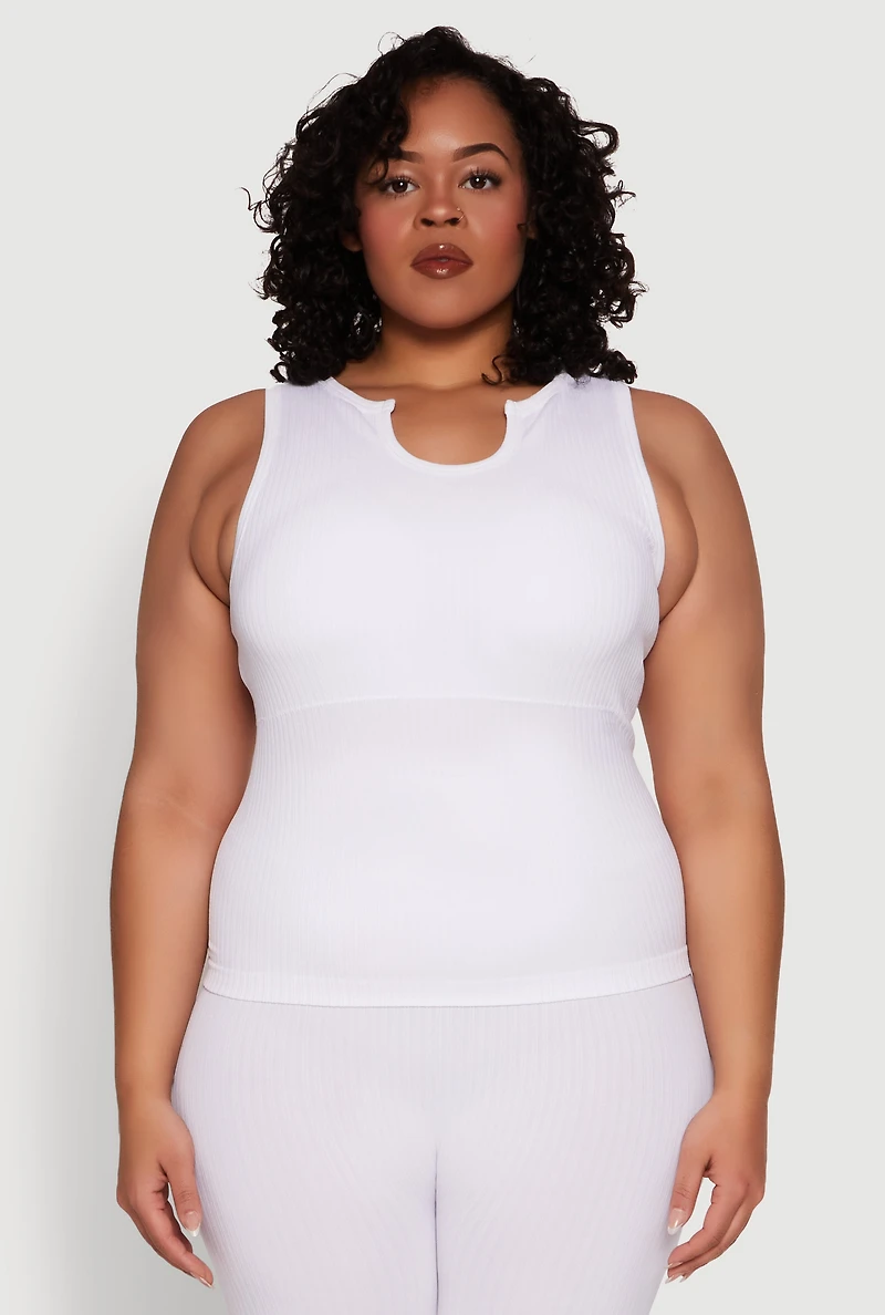 Womens Plus Size Seamless Ribbed Notch Neck Tank Top, White, Size 2X-3X