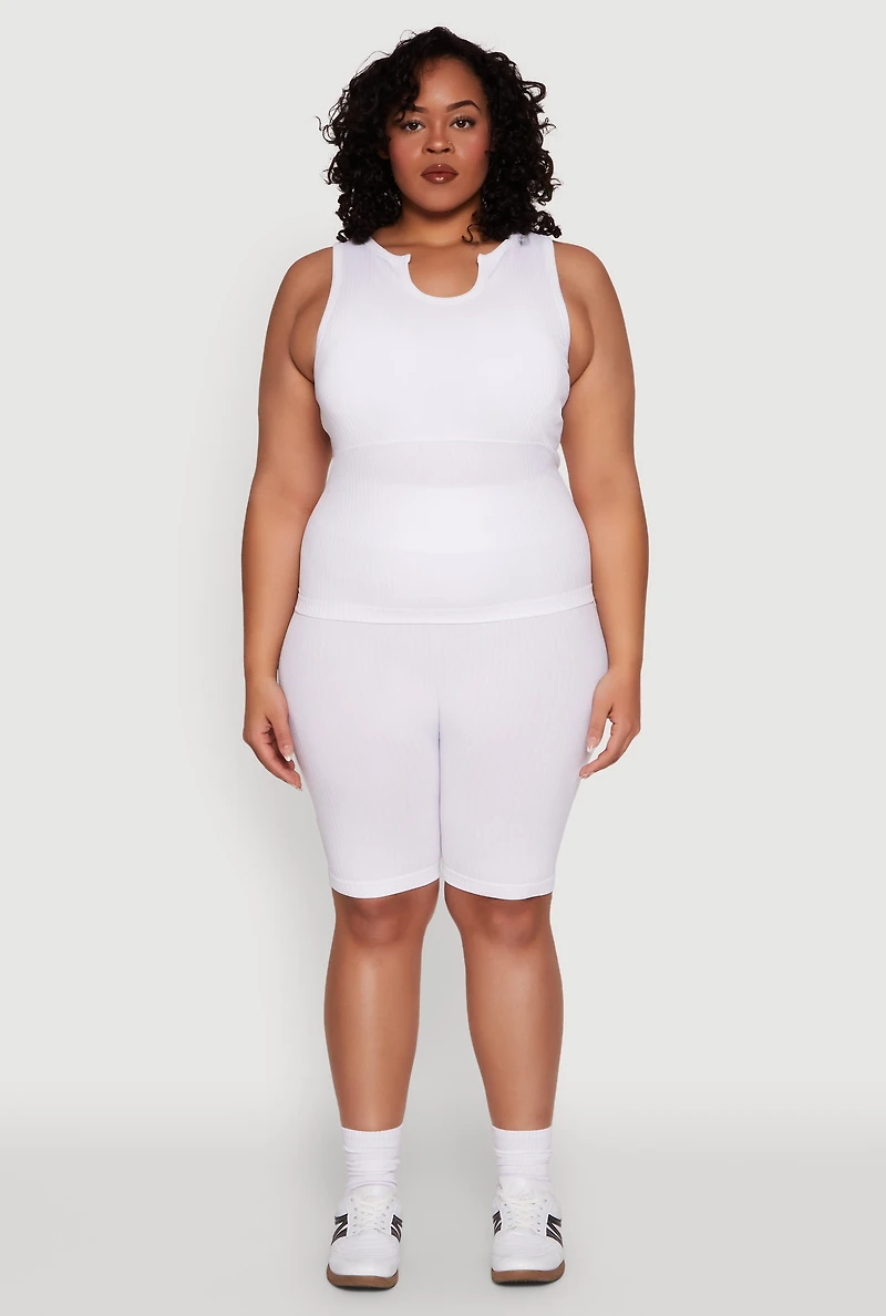 Womens Plus Size Seamless Ribbed Notch Neck Tank Top, White, Size 2X-3X