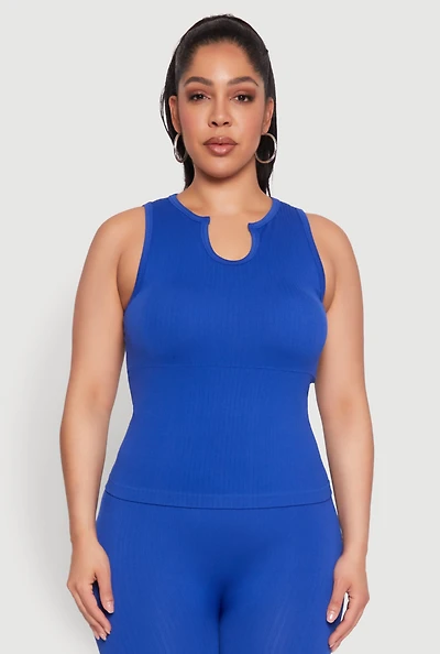 Womens Plus Seamless Ribbed Notch Neck Tank Top, 2X-3X