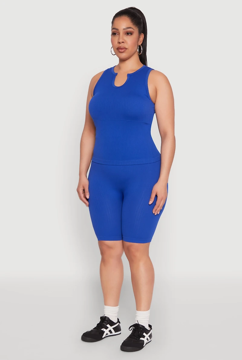 Womens Plus Size Seamless Ribbed Notch Neck Tank Top, Blue, Size 1X-2X