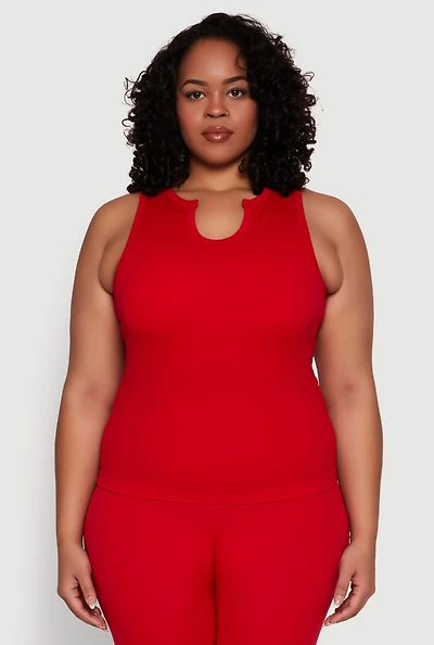 Womens Plus Size Seamless Ribbed Notch Neck Tank Top, Red, Size 1X-2X