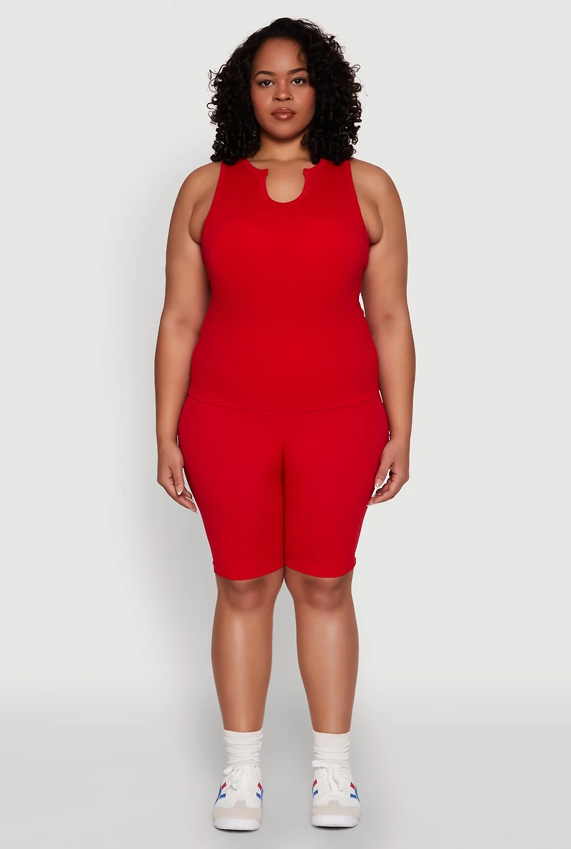 Womens Plus Size Seamless Ribbed Notch Neck Tank Top, Red, Size 2X-3X