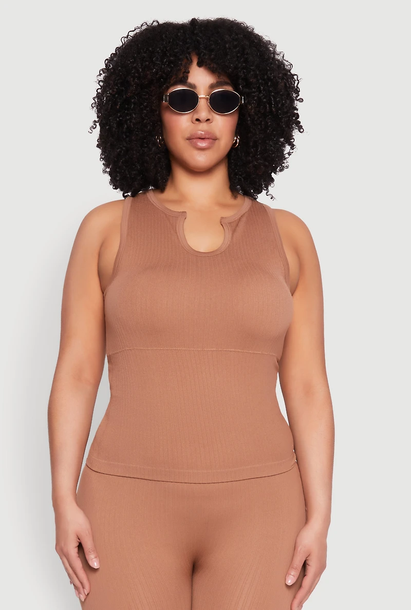 Plus Seamless Ribbed Notch Neck Tank Top