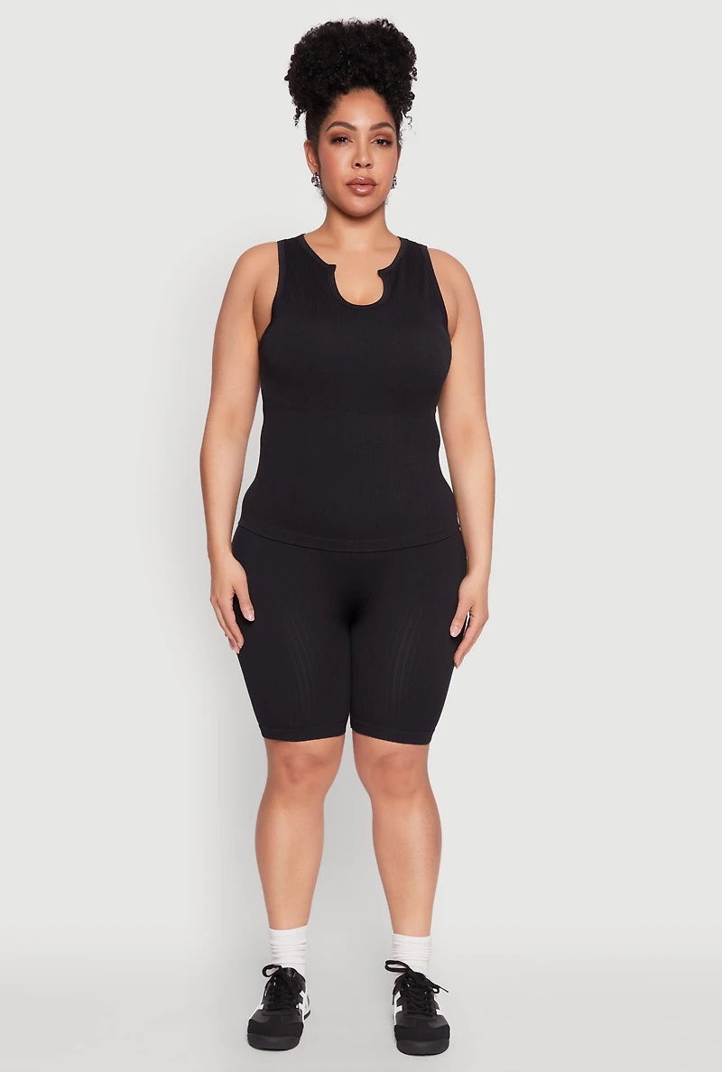 Womens Plus Size Seamless Rib Knit Biker Shorts, Black, Size 1X-2X