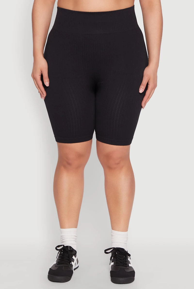 Womens Plus Size Seamless Rib Knit Biker Shorts, Black, Size 1X-2X