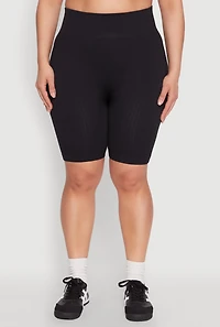 Womens Plus Size Seamless Rib Knit Biker Shorts, Black, Size 1X-2X
