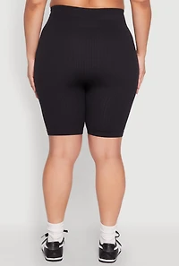 Womens Plus Size Seamless Rib Knit Biker Shorts, Black, Size 1X-2X