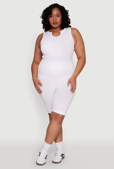 Womens Plus Size Seamless Rib Knit Biker Shorts, White, Size 2X-3X