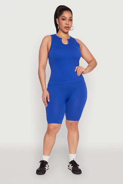 Womens Plus Size Seamless Rib Knit Biker Shorts, Blue, Size 1X-2X
