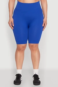 Womens Plus Size Seamless Rib Knit Biker Shorts, Blue, Size 1X-2X
