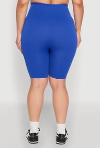 Womens Plus Size Seamless Rib Knit Biker Shorts, Blue, Size 1X-2X